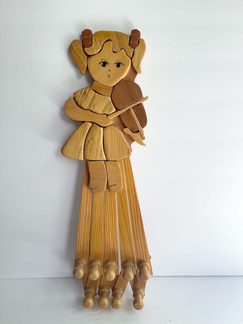 Vintage Wooden Accordion Wall Rack in the Shape of a Girl Playing a Violin